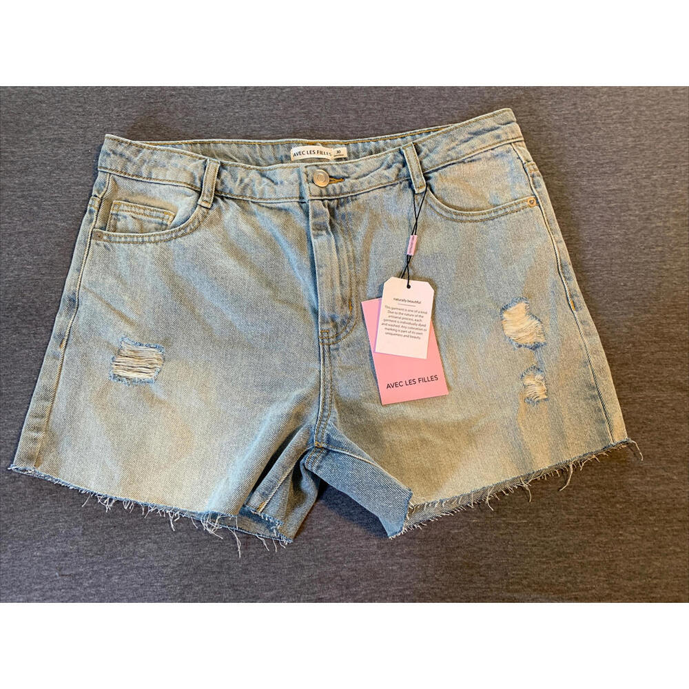 NWT Avec Les Filles Denim Shorts Jorts Distressed Faded Low Rise Baggy Cutoffs